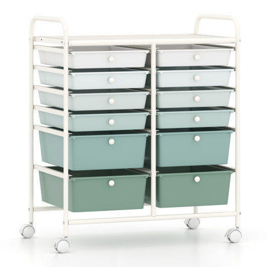 Costway 12-Drawer Rolling Storage Cart with Removable Drawers and Lockable Wheels-Green Gradient W2B