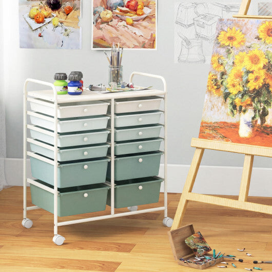 Costway 12-Drawer Rolling Storage Cart with Removable Drawers and Lockable Wheels-Green Gradient W2B