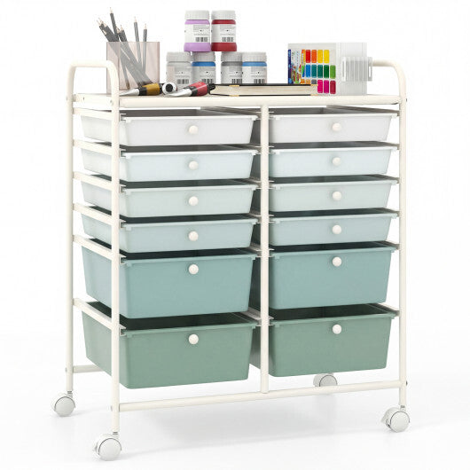 Costway 12-Drawer Rolling Storage Cart with Removable Drawers and Lockable Wheels-Green Gradient W2B