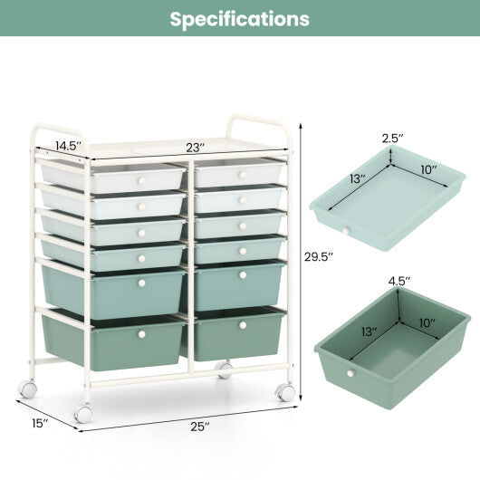 Costway 12-Drawer Rolling Storage Cart with Removable Drawers and Lockable Wheels-Green Gradient W2B
