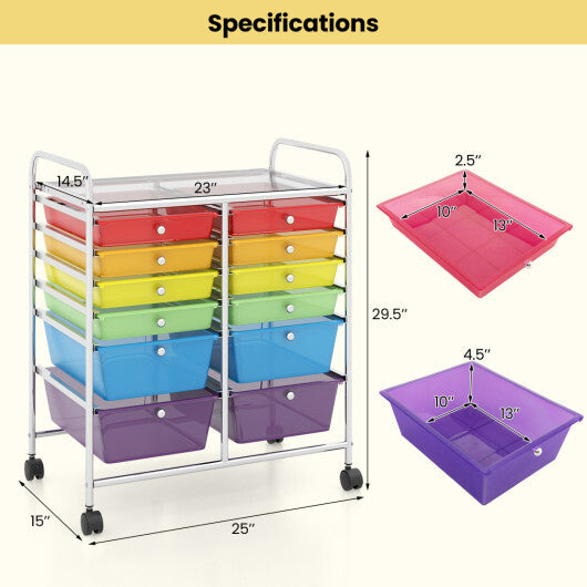 Costway 12 Drawers Rolling Cart Storage Scrapbook Paper Organizer Bins-Transparent Multicolor W2B