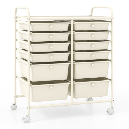 Costway 12-Drawer Rolling Storage Cart with Removable Drawers and Lockable Wheels-Beige W2B