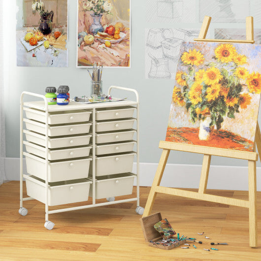 Costway 12-Drawer Rolling Storage Cart with Removable Drawers and Lockable Wheels-Beige W2B
