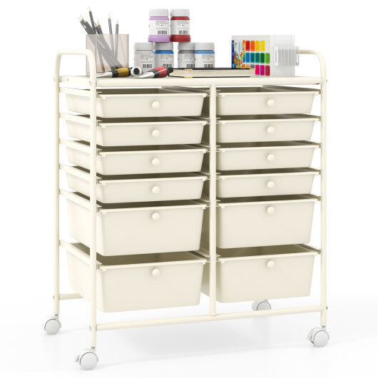 Costway 12-Drawer Rolling Storage Cart with Removable Drawers and Lockable Wheels-Beige W2B