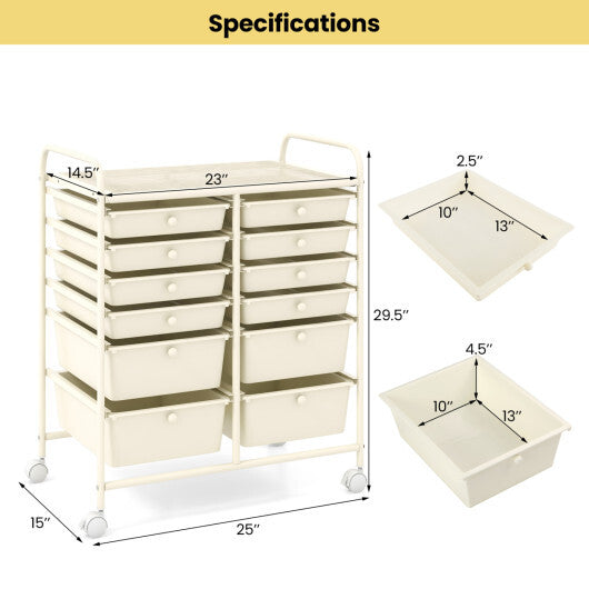 Costway 12-Drawer Rolling Storage Cart with Removable Drawers and Lockable Wheels-Beige W2B