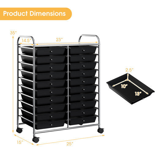 Costway 20 Drawers Storage Rolling Cart Studio Organizer-Black W2B
