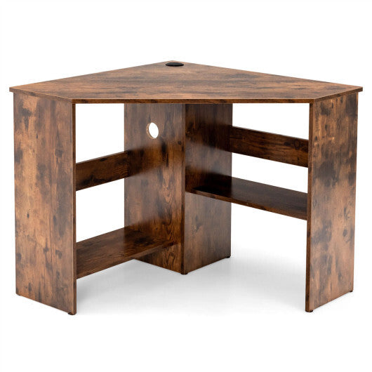 Costway Corner Computer Desk Triangle Writing Workstation with Storage Shelf-Rustic Brown W2B