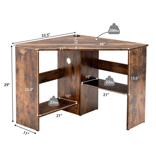 Costway Corner Computer Desk Triangle Writing Workstation with Storage Shelf-Rustic Brown W2B