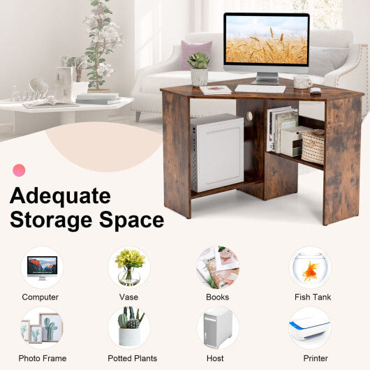 Costway Corner Computer Desk Triangle Writing Workstation with Storage Shelf-Rustic Brown W2B