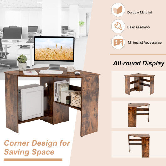 Costway Corner Computer Desk Triangle Writing Workstation with Storage Shelf-Rustic Brown W2B