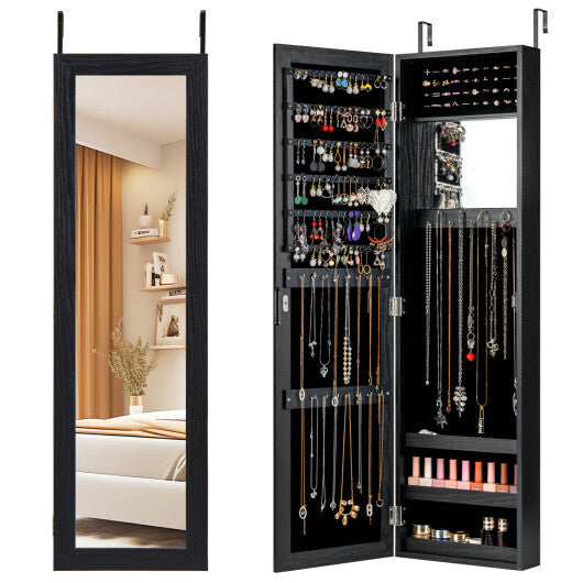 Costway  Full Length Mirror Jewelry Cabinet with Ring Slots and Necklace Hooks-Black W2B