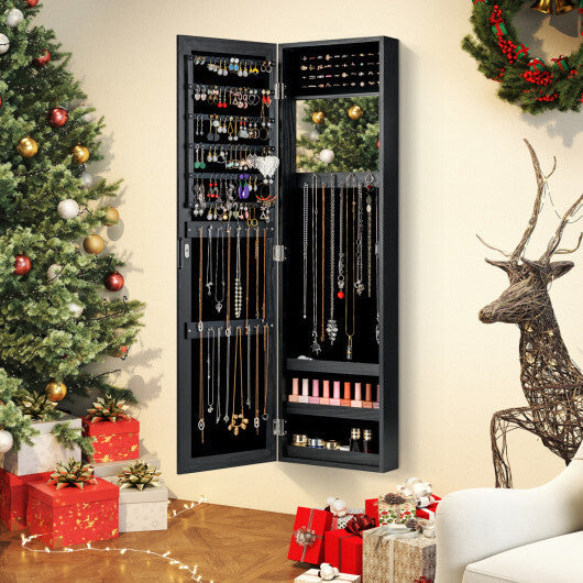 Costway  Full Length Mirror Jewelry Cabinet with Ring Slots and Necklace Hooks-Black W2B
