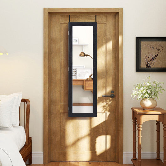 Costway  Full Length Mirror Jewelry Cabinet with Ring Slots and Necklace Hooks-Black W2B