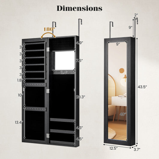 Costway  Full Length Mirror Jewelry Cabinet with Ring Slots and Necklace Hooks-Black W2B