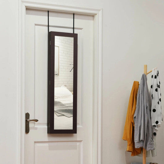 Costway Full Length Mirror Jewelry Cabinet with Ring Slots and Necklace Hooks-Dark Brown W2B