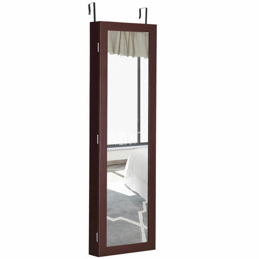 Costway Full Length Mirror Jewelry Cabinet with Ring Slots and Necklace Hooks-Dark Brown W2B