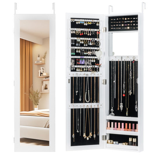 Costway Full Length Mirror Jewelry Cabinet with Ring Slots and Necklace Hooks-White W2B