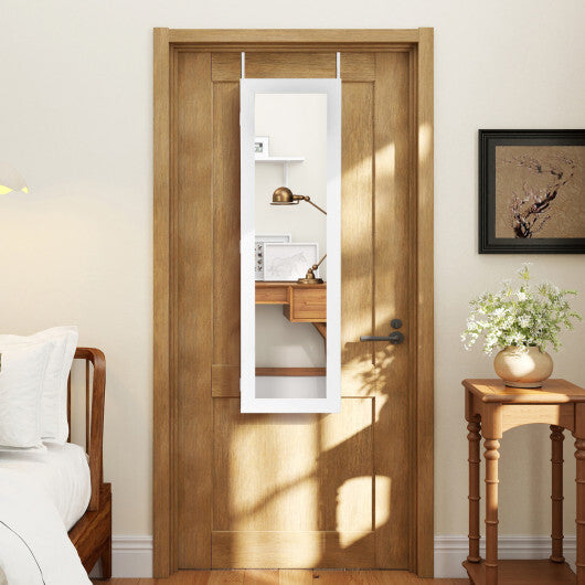 Costway Full Length Mirror Jewelry Cabinet with Ring Slots and Necklace Hooks-White W2B