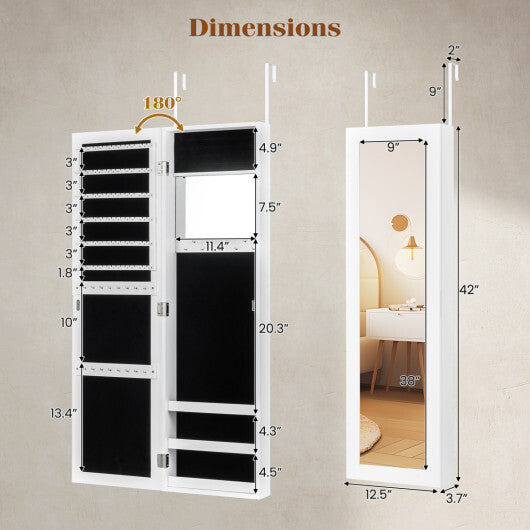 Costway Full Length Mirror Jewelry Cabinet with Ring Slots and Necklace Hooks-White W2B