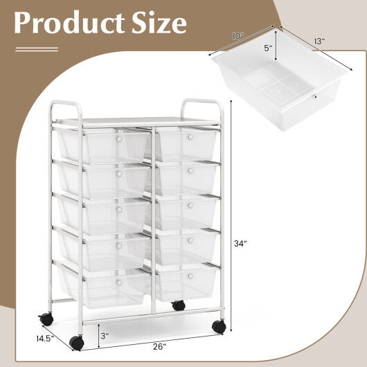Costway 10-Drawer Rolling Storage Cart-Transparent W2B