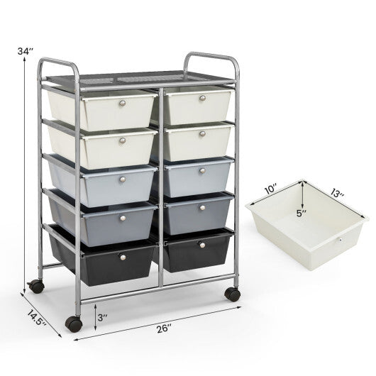 Costway 10-Drawer Rolling Storage Cart-Beige & Gray W2B
