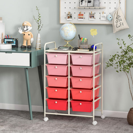 Costway 10-Drawer Rolling Storage Cart-Gradient Pink W2B