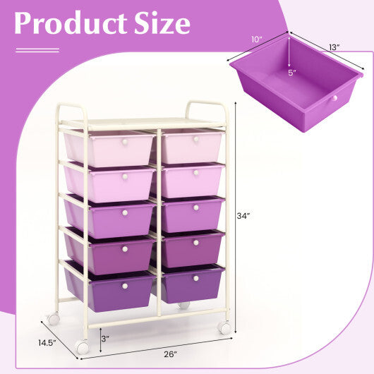 Costway 10-Drawer Rolling Storage Cart-Purple W2B
