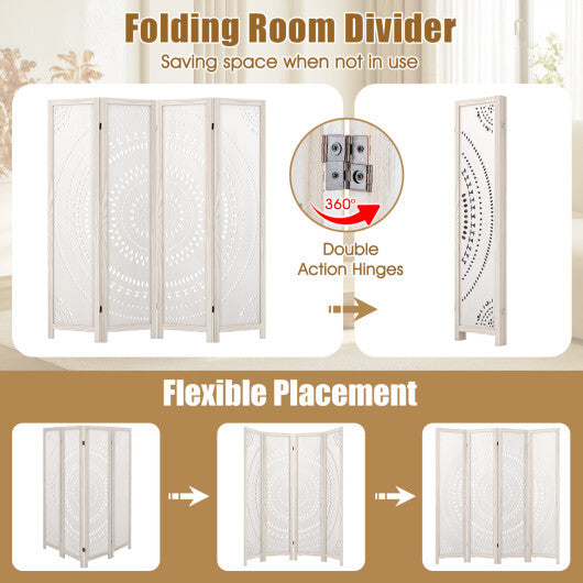 Costway 66 Inch Boho 4-Panel Room Divider Privacy Screen with Carved Pattern W2B