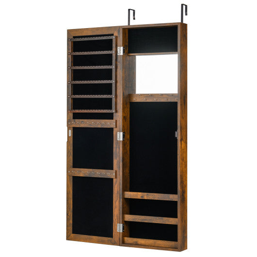 Costway Full Length Mirror Jewelry Cabinet with Ring Slots and Necklace Hooks-Rustic Brown W2B