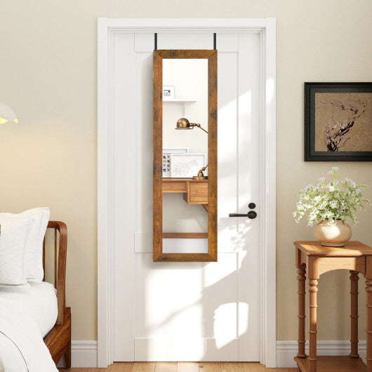 Costway Full Length Mirror Jewelry Cabinet with Ring Slots and Necklace Hooks-Rustic Brown W2B