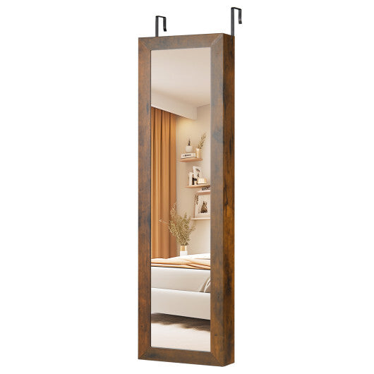 Costway Full Length Mirror Jewelry Cabinet with Ring Slots and Necklace Hooks-Rustic Brown W2B