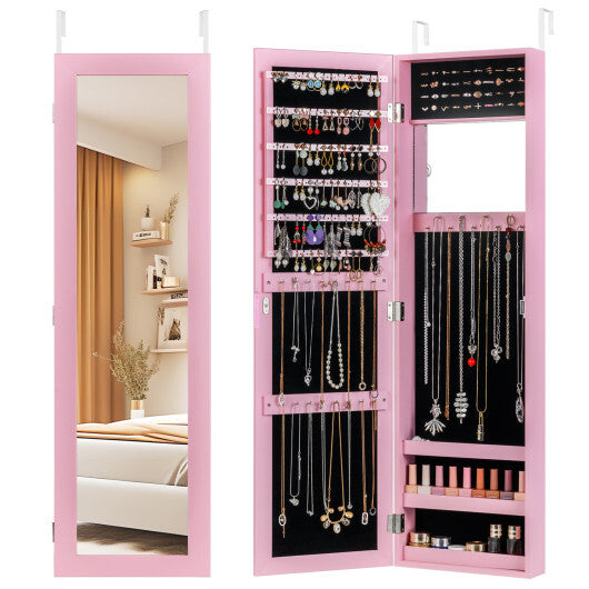 Costway Jewelry Cabinet Wall or Door Mounted Jewelry Armoire Modern Hanging Jewelry Organizer-Pink W2B