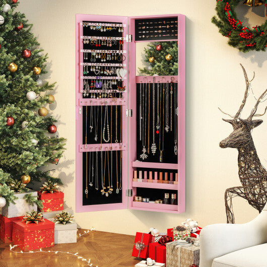 Costway Jewelry Cabinet Wall or Door Mounted Jewelry Armoire Modern Hanging Jewelry Organizer-Pink W2B