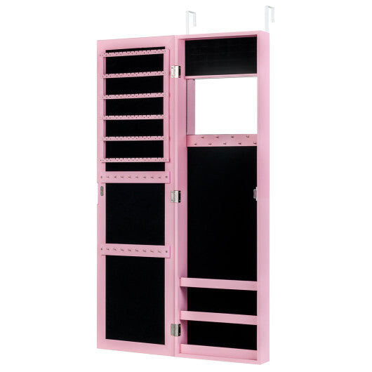 Costway Jewelry Cabinet Wall or Door Mounted Jewelry Armoire Modern Hanging Jewelry Organizer-Pink W2B