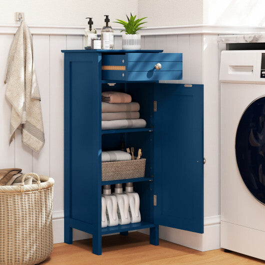 Costway Wooden Storage Free-Standing Floor Cabinet with Drawer and Shelf-Blue W2B