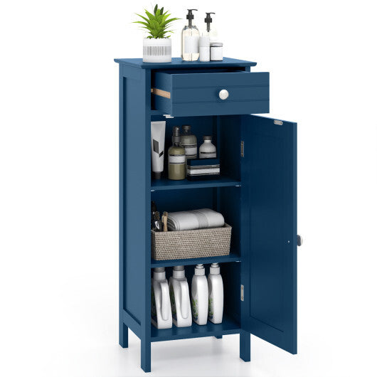 Costway Wooden Storage Free-Standing Floor Cabinet with Drawer and Shelf-Blue W2B