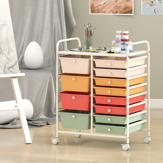 Costway 12-Drawer Utility Rolling Cart with Drawers Multi-Use Storage-Macaron W2B