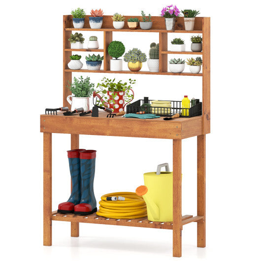 Costway Potting Bench Table with Flip-up Tabletop  Storage Shelves for Patio Porch Balcony Brown W2B