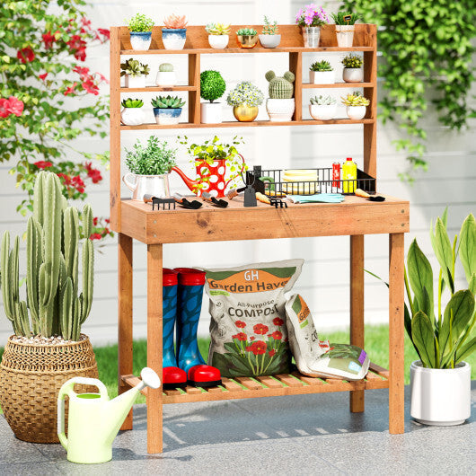 Costway Potting Bench Table with Flip-up Tabletop  Storage Shelves for Patio Porch Balcony Brown W2B