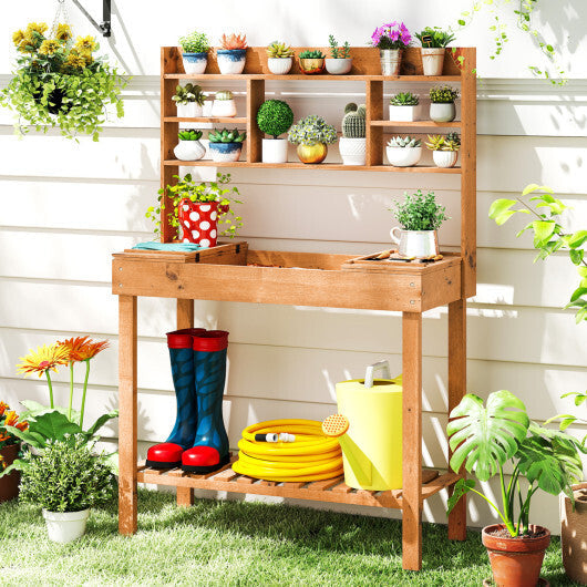 Costway Potting Bench Table with Flip-up Tabletop  Storage Shelves for Patio Porch Balcony Brown W2B