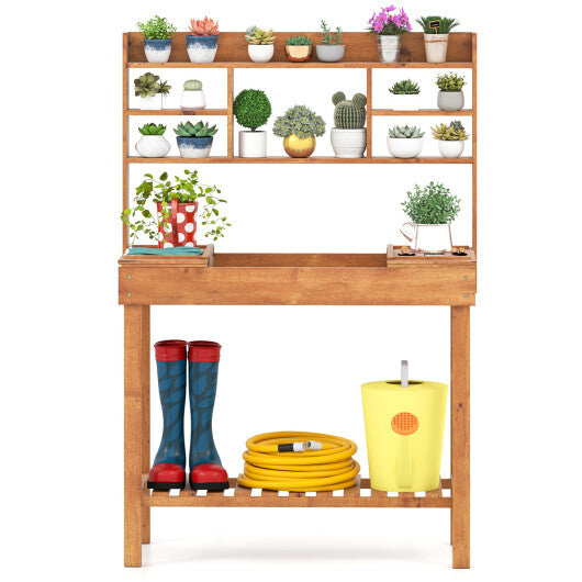 Costway Potting Bench Table with Flip-up Tabletop  Storage Shelves for Patio Porch Balcony Brown W2B
