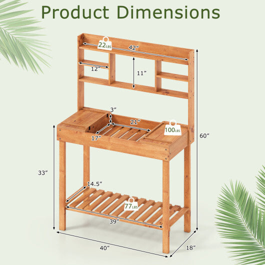 Costway Potting Bench Table with Flip-up Tabletop  Storage Shelves for Patio Porch Balcony Brown W2B