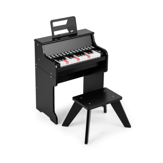 Costway 25 Keys Kids Piano Keyboard with Stool Mini Digital Piano Wooden Toy with Adjustable Speed and Volume-Black W2B