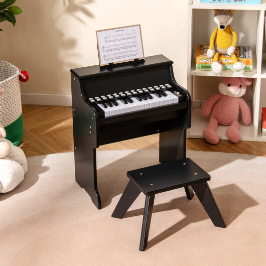 Costway 25 Keys Kids Piano Keyboard with Stool Mini Digital Piano Wooden Toy with Adjustable Speed and Volume-Black W2B