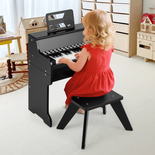Costway 25 Keys Kids Piano Keyboard with Stool Mini Digital Piano Wooden Toy with Adjustable Speed and Volume-Black W2B