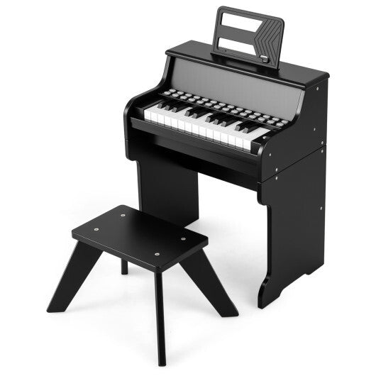 Costway 25 Keys Kids Piano Keyboard with Stool Mini Digital Piano Wooden Toy with Adjustable Speed and Volume-Black W2B