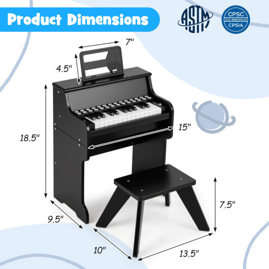Costway 25 Keys Kids Piano Keyboard with Stool Mini Digital Piano Wooden Toy with Adjustable Speed and Volume-Black W2B