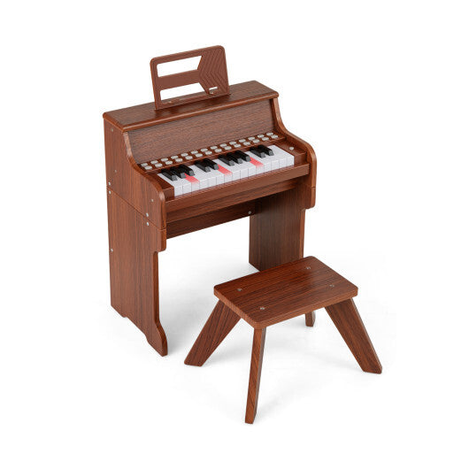 Costway 25 Keys Kids Piano Keyboard with Stool Mini Digital Piano Wooden Toy with Adjustable Speed and Volume-Brown W2B