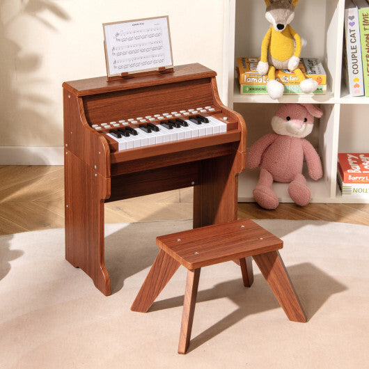 Costway 25 Keys Kids Piano Keyboard with Stool Mini Digital Piano Wooden Toy with Adjustable Speed and Volume-Brown W2B