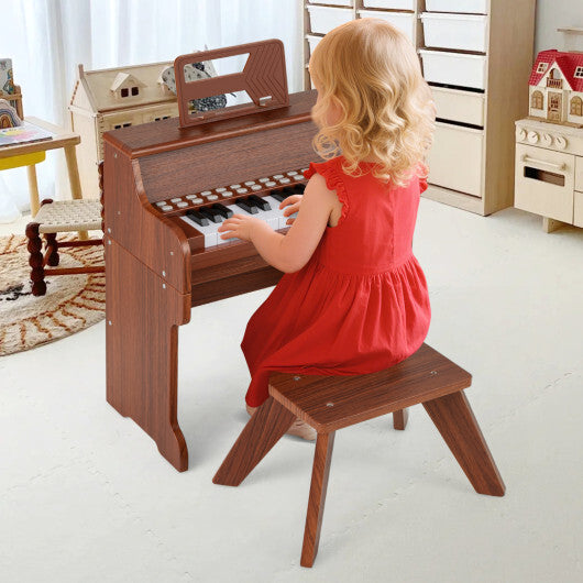 Costway 25 Keys Kids Piano Keyboard with Stool Mini Digital Piano Wooden Toy with Adjustable Speed and Volume-Brown W2B